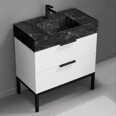 Modern Bathroom Vanity, 32 inch, Black Marble Style Sink, Free Standing